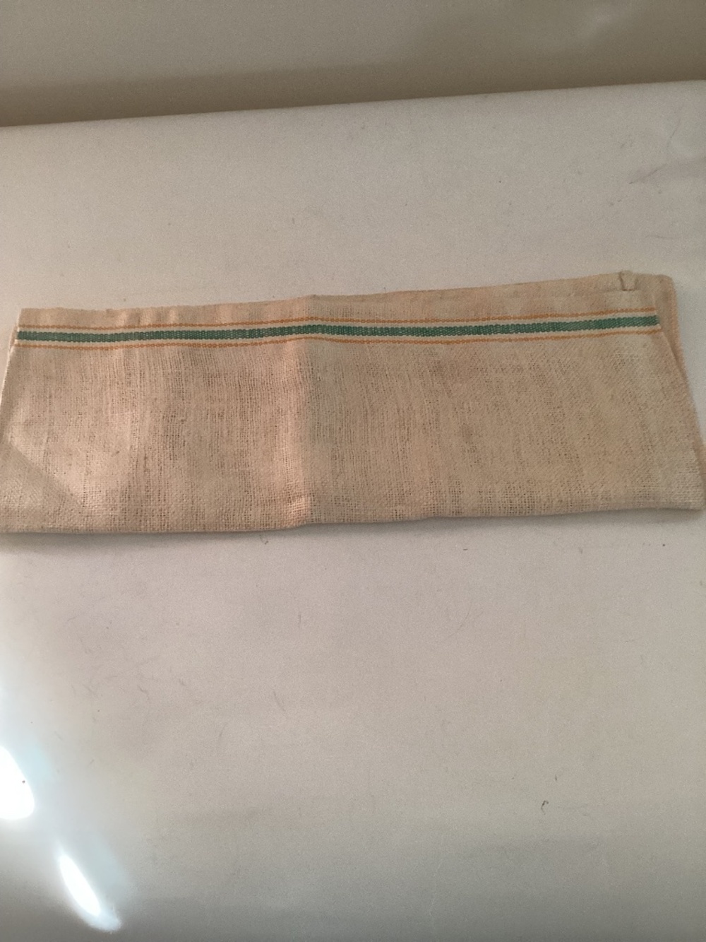French Linen Towel. Vintage. Tan w/ green & gold stripes. Approx. 16x28 in.